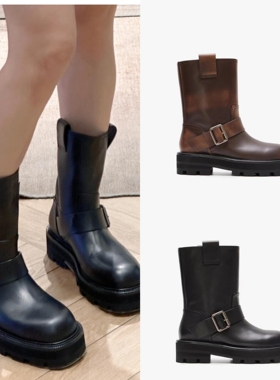 马丁靴女2025年新款复古圆头牛皮擦色斑驳牛皮革中筒靴短靴骑士靴