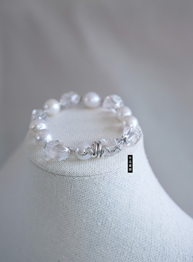 白昼寒夜蛇年印象天然爱迪生珍珠白水晶手链天然石手串手饰饰品