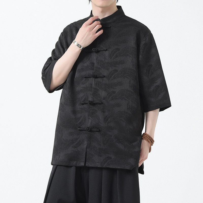 2025夏季风男装唐装短袖盘扣新中式提花衬衣A118-C07P70控98,男装T恤,电商A118