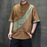 2025夏季新款唐装风大码复古短袖青年衬衫A118-C032P70控99，男装衬衫，电商A118