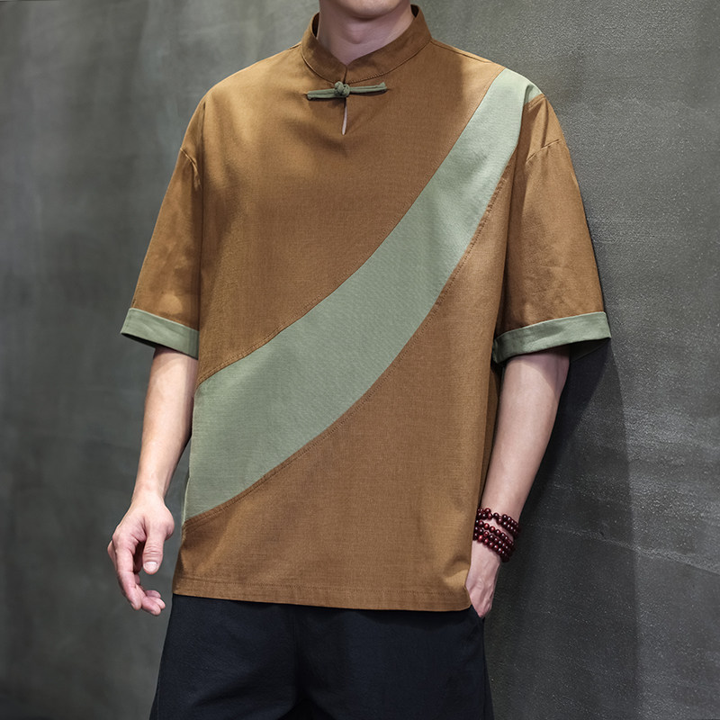2025夏季风男装短袖唐装汉服棉麻复古T恤A118-T006P65控99,男装T恤,电商A118