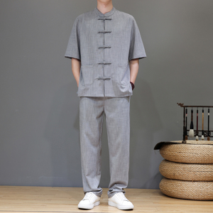 夏季风亚麻天丝高端唐装短袖套装茶服男A118-TZ2501P165控228图片