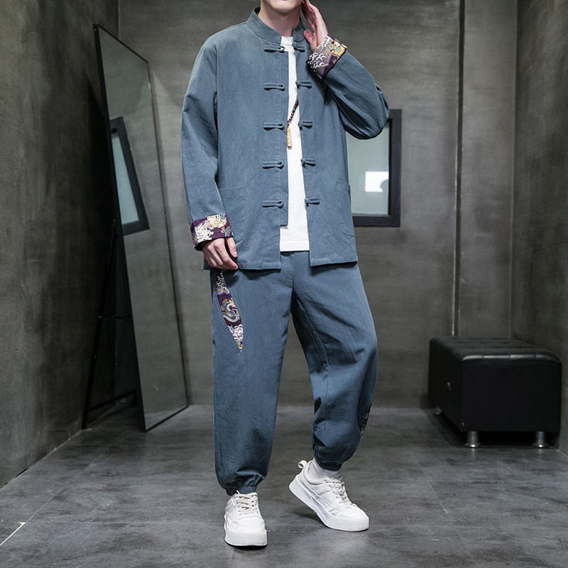 秋季风男装棉麻套装新中式唐装印花外套两件套A118-TZ205P105,男装休闲套装,电商A118
