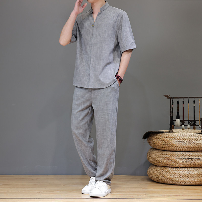 夏季风亚麻天丝高端唐装短袖套装茶服男A118-TZ2503P165控228,男装休闲套装,电商A118