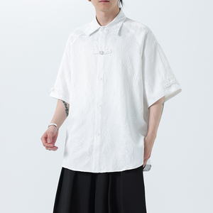 夏季风男装冰丝短袖新中式唐装提花汉服衬衫A118-C28P65控88,冰丝阔腿裤搭配微胖图片