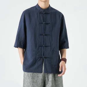 新中式男装风亚麻唐装夏季五分袖棉麻汉服男DS-A118-C803-P80,小黄男装搭配图片