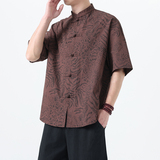 2025夏季风男装新中式唐装短袖豹纹复古衬衫A118-C033P70控99，男装T恤，电商A118