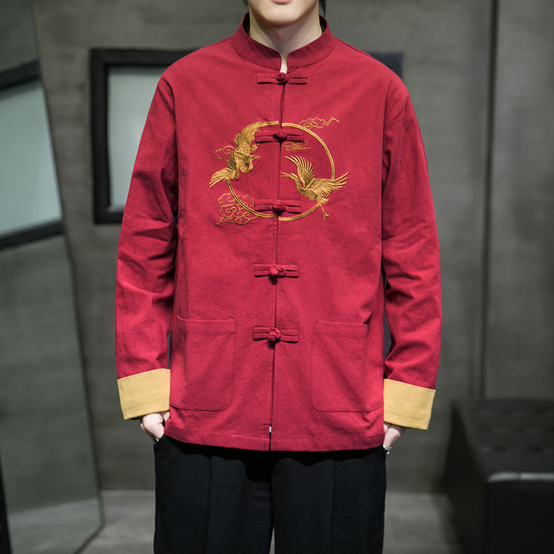 秋季风男装盘扣衬衫唐装复古刺绣棉麻中式外套A118-SY61P75，男装衬衫，电商A118