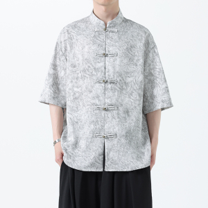 夏季风男装冰丝短袖衬衫新中式印花改良汉服A118-C21P65控88图片