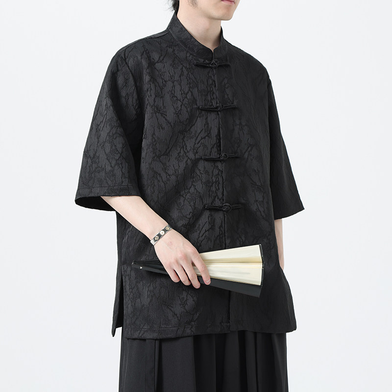 夏季风男装刺绣唐装盘扣大码短袖汉服衬衫A118-C09P70控98,男装衬衫,电商A118