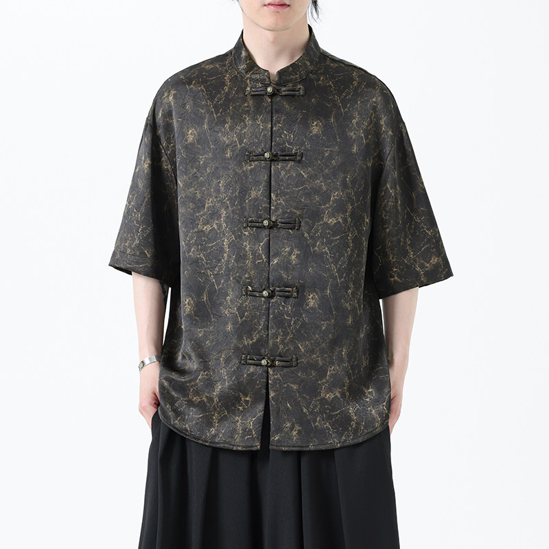 夏季风男装冰丝短袖衬衫新中式印花改良汉服A118-C21P65控88,男装T恤,电商A118