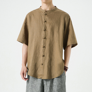 纯亚麻夏季风男装唐装短袖衬衫大码中式衬衣A118-C805P85图片