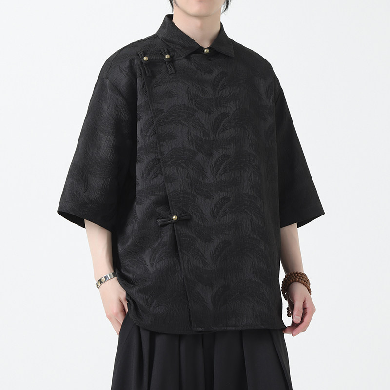 风斜襟衬衫汉服五分袖唐装铜扣中式上衣男装A118-C08P65控88图片