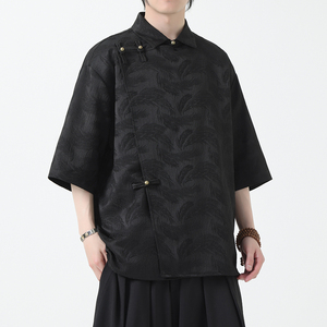 风斜襟衬衫汉服五分袖唐装铜扣中式上衣男装A118-C08P65控88图片