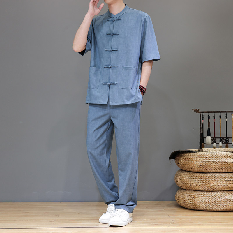 夏季风唐装高端轻奢天丝亚麻短袖套装男A118-TZ2501P165控228,男装休闲套装,电商A118