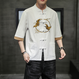 夏季风新中式唐装棉麻刺绣复古短袖大码衬衫男A118-C701P60图片
