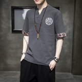 风夏季唐装短袖T恤棉麻亚麻大码宽松汉服刺绣男A118-A02-P45，男装T恤，电商A118