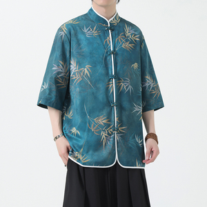 夏季风冰丝唐装半袖印花盘扣中式短袖衬衣男A118-C02P65控88图片