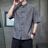 夏季风男装新中式唐装短袖大码复古豹纹衬衫A118-C033P70控99，男装衬衫，电商A118