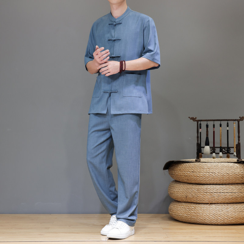新中式夏季唐装天丝亚麻轻奢大码短袖套装男A118-TZ2501P165控228,男装休闲套装,电商A118