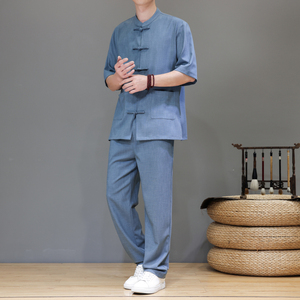 新中式夏季唐装天丝亚麻轻奢大码短袖套装男A118-TZ2501P165控228图片