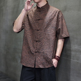 夏季风唐装新中式大码豹纹宽松复古短袖衬衫A118-C033P70控99，男装衬衫，电商A118