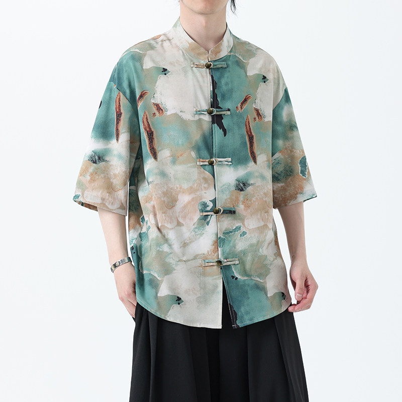 夏季风男装新中式短袖冰丝印花半袖衬衫汉服A118-C22P65控88,男装T恤,电商A118