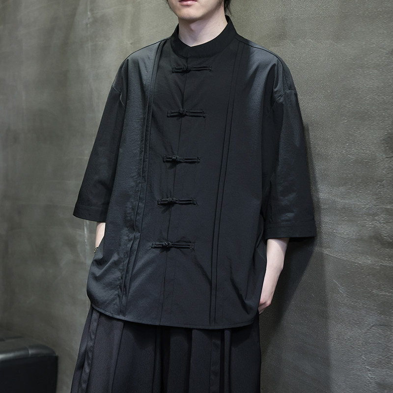 夏季风盘扣衬衫新中式大码汉服七分袖衬衣男A118-C10P70控98,男装衬衫,电商A118