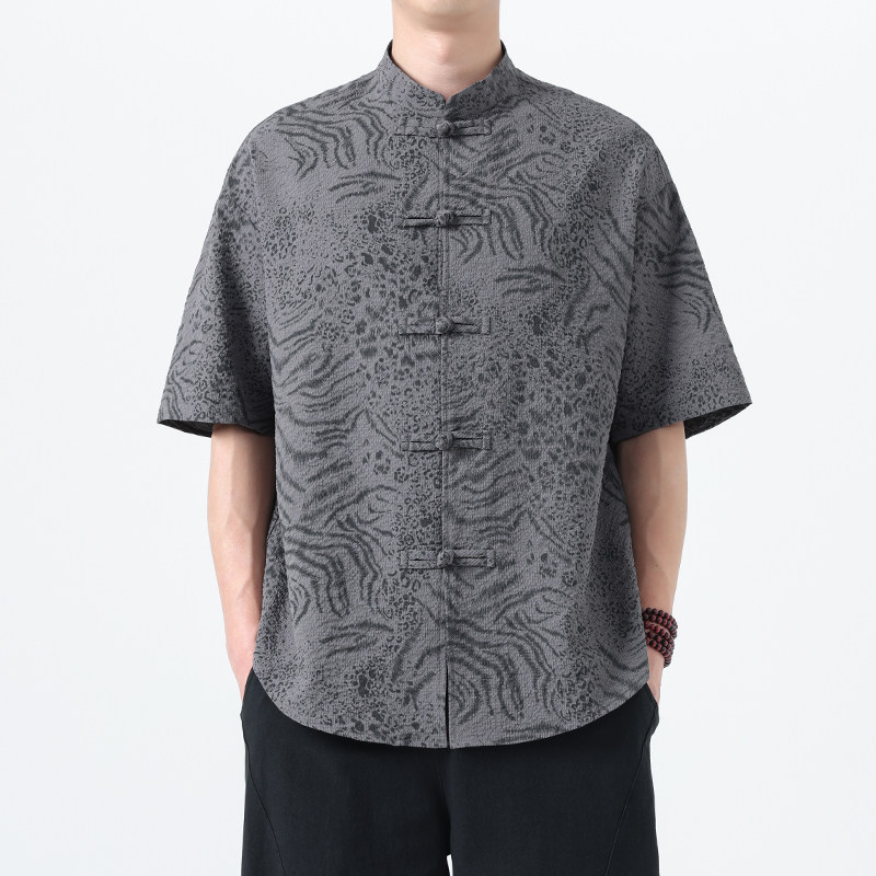 2025夏季风短袖衬衫唐装汉服印花大码T恤男A118-C033P70控99,男装T恤,电商A118
