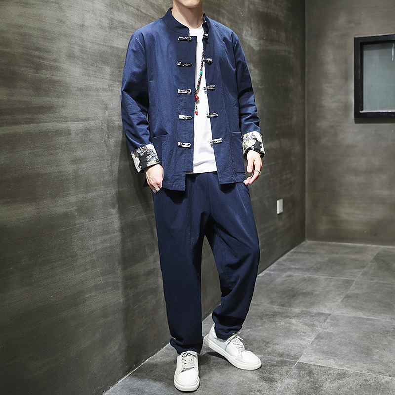 秋季风男装棉麻唐装拼接复古中式大码两件套A118-TZ2023P95，男装休闲套装，电商A118
