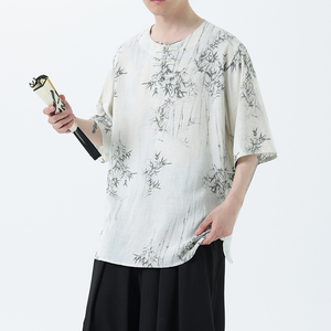 夏季风男装新中式棉麻短袖亚麻T恤印花汉服男A118-C23P65控88图片