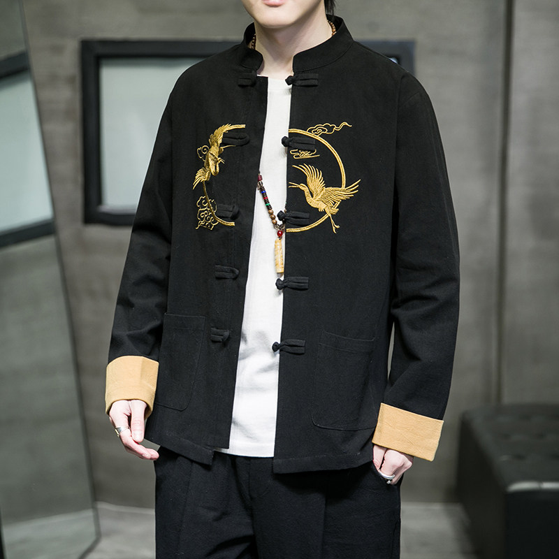 秋季风立领刺绣仙鹤唐装汉服中式复古大码衬衫男A118-SY61P75图片