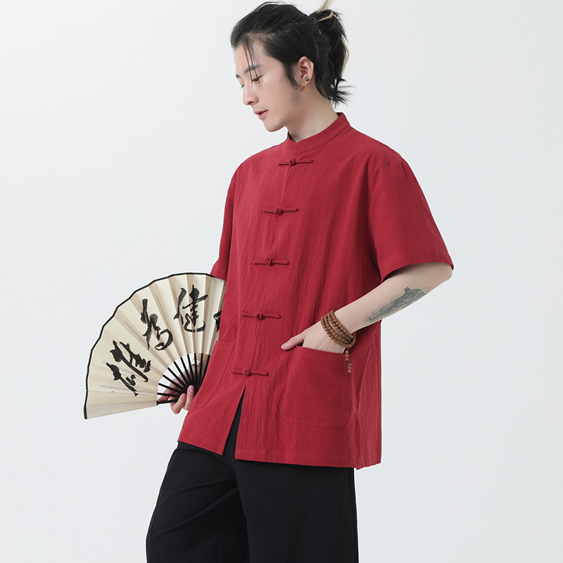 夏季风棉麻唐装短袖大码汉服亚麻复古衬衣男A118-C815P40控68图片