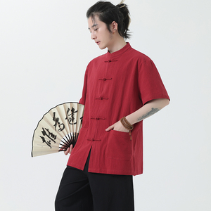 夏季风棉麻唐装短袖大码汉服亚麻复古衬衣男A118-C815P40控68图片