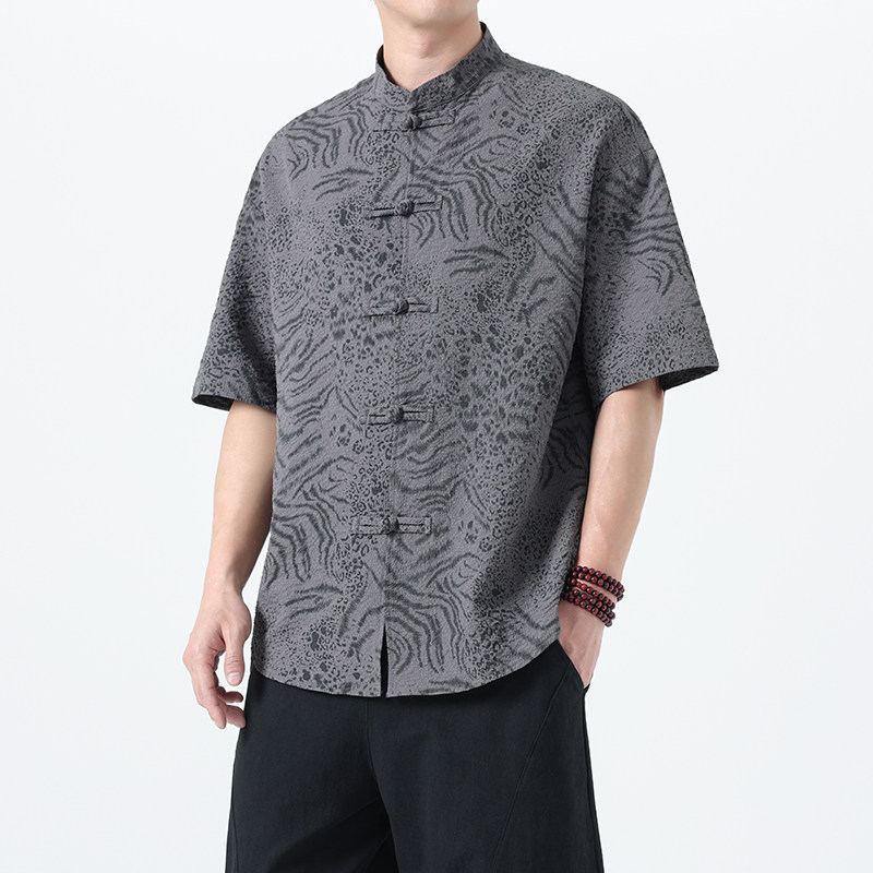 2025夏季风短袖衬衫唐装汉服印花大码T恤男A118-C033P70控99,男装T恤,电商A118