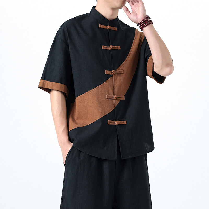 夏季风男装短袖棉麻亚麻唐装汉服大码T恤衬衣118-C032P70控99,男装T恤,电商A118