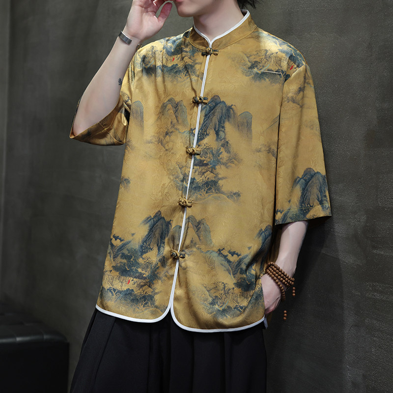 2025夏季风冰丝唐装盘扣中式印花半袖衬衣男A118-C05P65控88,男装T恤,电商A118