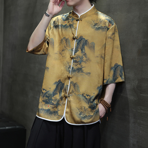 2025夏季风冰丝唐装盘扣中式印花半袖衬衣男A118-C05P65控88图片