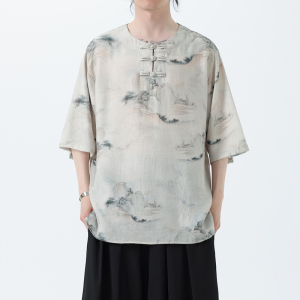 夏季风冰丝短袖新中式汉服印花半袖T恤男A118-T501P60控78图片