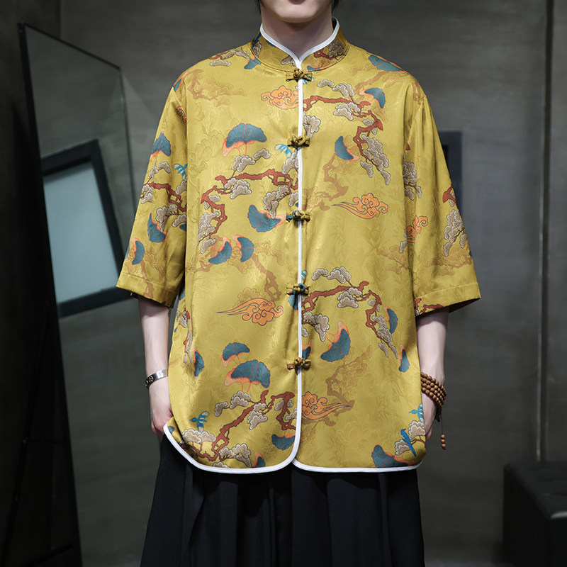 2024风男装夏季冰丝印花短袖唐装宽松衬衣T恤A118-C01P65控88,男装T恤,电商A118