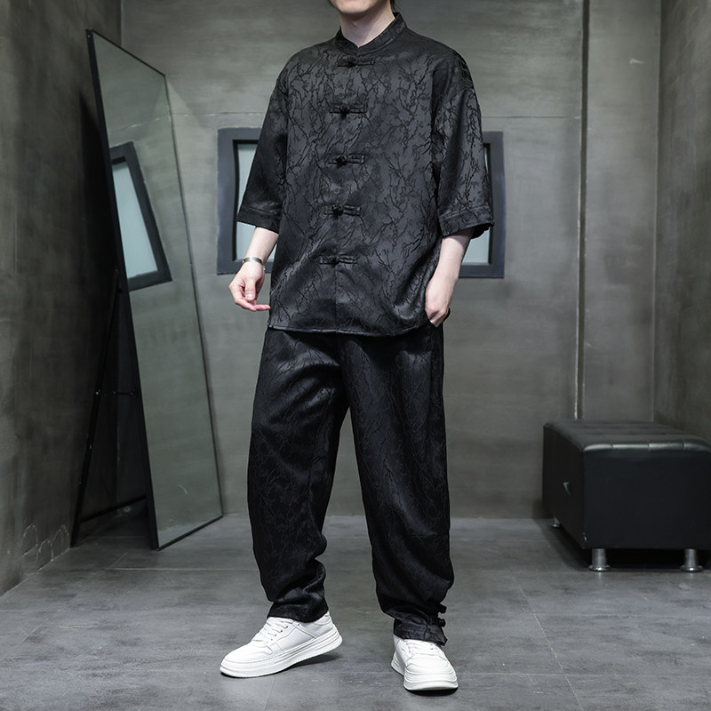夏季风男装冰丝短袖套装新中式刺绣唐装A118-TZ030P110控158,男装休闲套装,电商A118