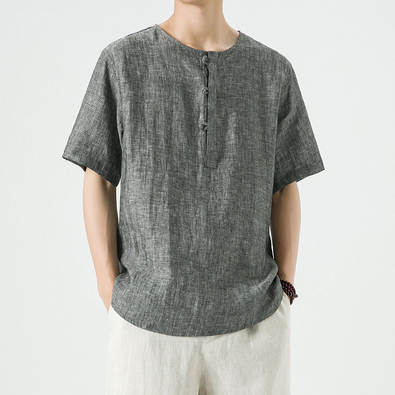 风夏季纯亚麻唐装T恤男新中式宽松大码上衣A118-T910-P85，男装T恤，电商A118