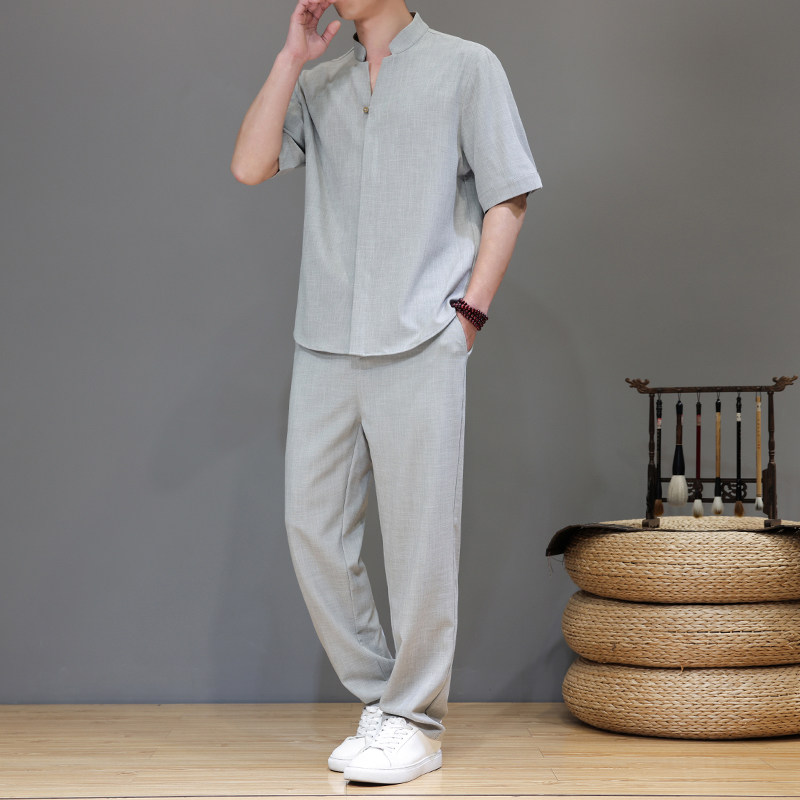 夏季风高端天丝亚麻短袖轻奢唐装套装男A118-TZ2503P165控228,男装休闲套装,电商A118