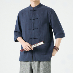 新中式男装风亚麻唐装夏季五分袖棉麻汉服男DS-A118-C803-P80图片