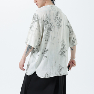 夏季风男装新中式棉麻短袖亚麻T恤印花汉服男A118-C23P65控88图片