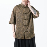 夏季风男装冰丝短袖衬衫新中式印花改良汉服A118-C21P65控88，男装T恤，电商A118