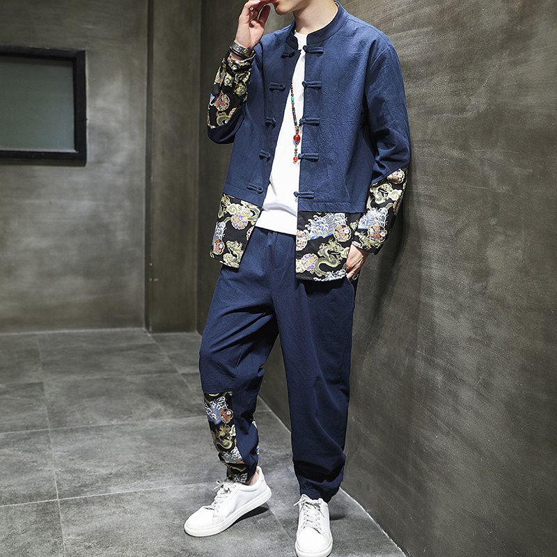 春季风男装中式复古唐装汉服棉麻亚麻两件套A118-TZ2022-P95,男装休闲套装,电商A118
