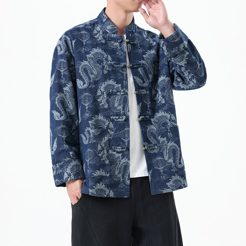 秋冬季风唐装牛仔外套中式龙纹提花复古夹克男A118-A8813P135,男装工装外套,电商A118