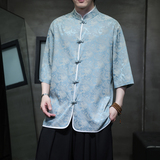 夏季风男装唐装冰丝大码印花五分袖中式短袖衬衫A118-C03P65，男装衬衫，电商A118
