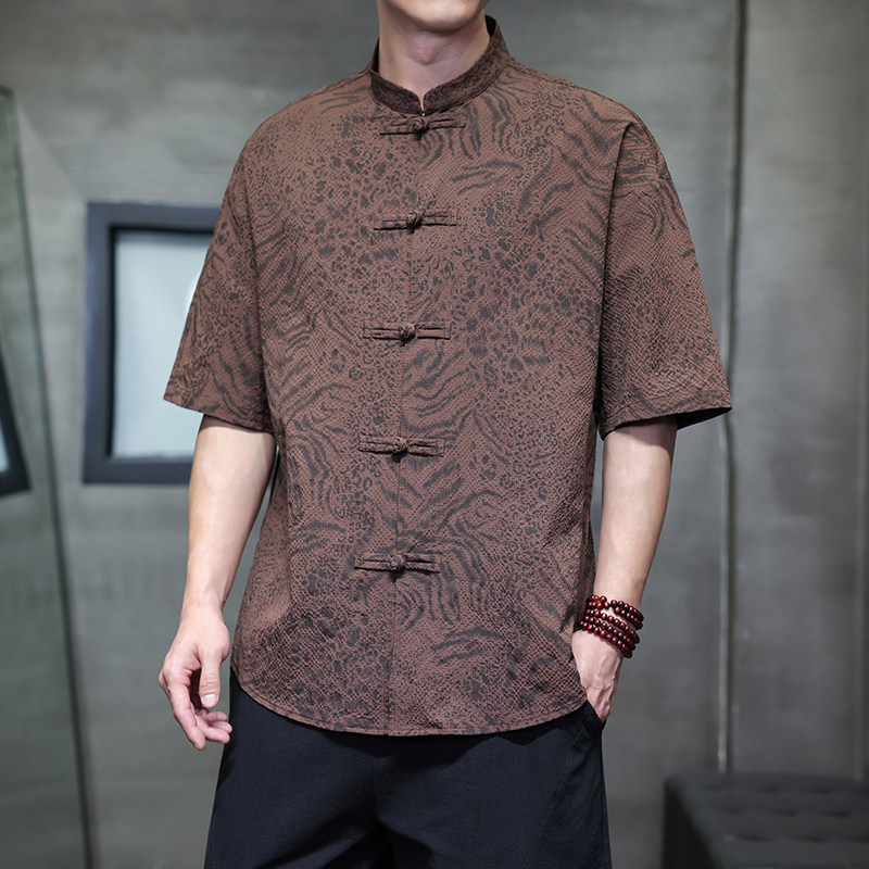 夏季风唐装新中式大码豹纹宽松复古短袖衬衫A118-C033P70控99,男装衬衫,电商A118